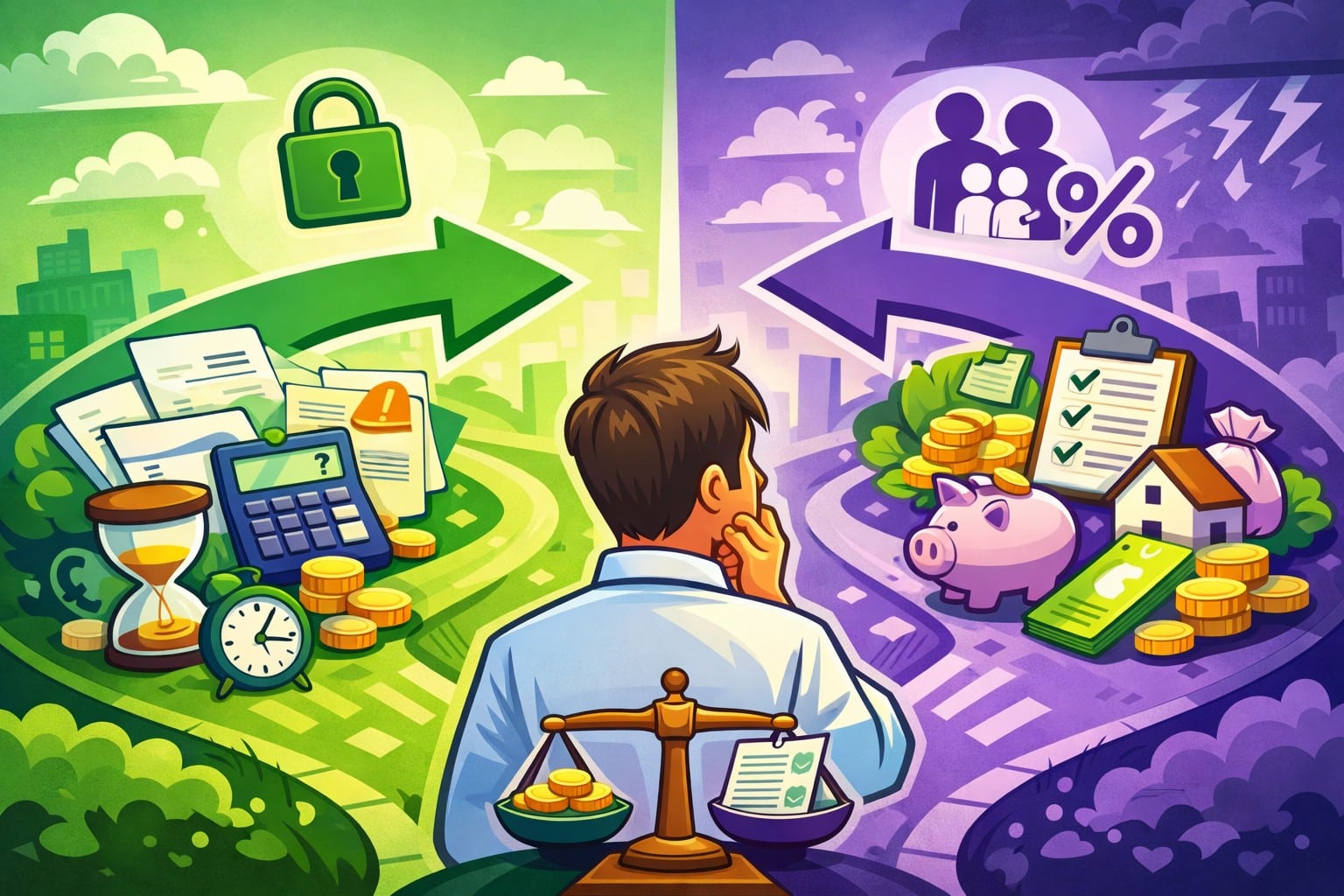 Illustration cartoon en vert et violet représentant un salarié hésitant entre deux chemins pour comprendre quel taux choisir entre taux neutre et taux personnalisé, avec symboles de confidentialité, salaire net et régularisation fiscale.