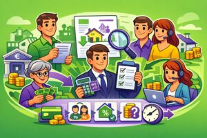 Illustration cartoon représentant le fonctionnement du taux personnalisé du prélèvement à la source avec des éléments financiers et administratifs.