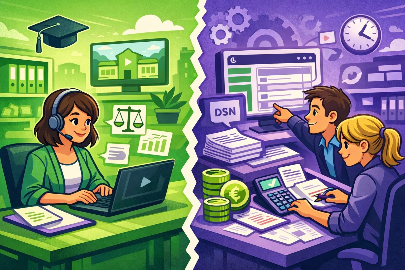 Formation gestionnaire de paie à distance Cned : illustration cartoon en format 16:9 montrant une étudiante en formation à distance sur ordinateur et une scène de travail en paie avec ambiance verte et violette.