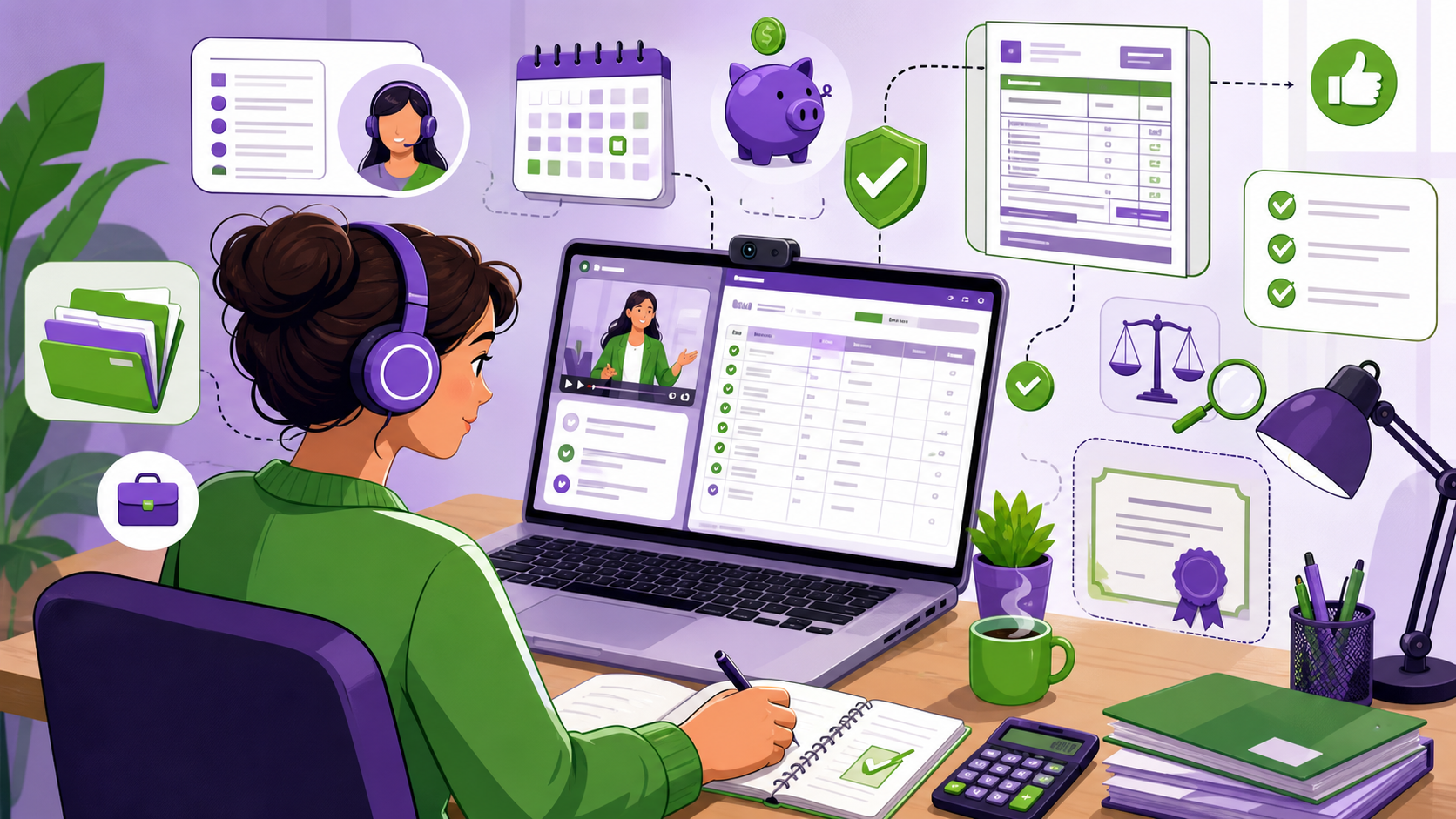 Illustration cartoon d’une formation gestionnaire de paie à distance CPF avec ordinateur, logiciel de paie, documents, certification et accompagnement en ligne.