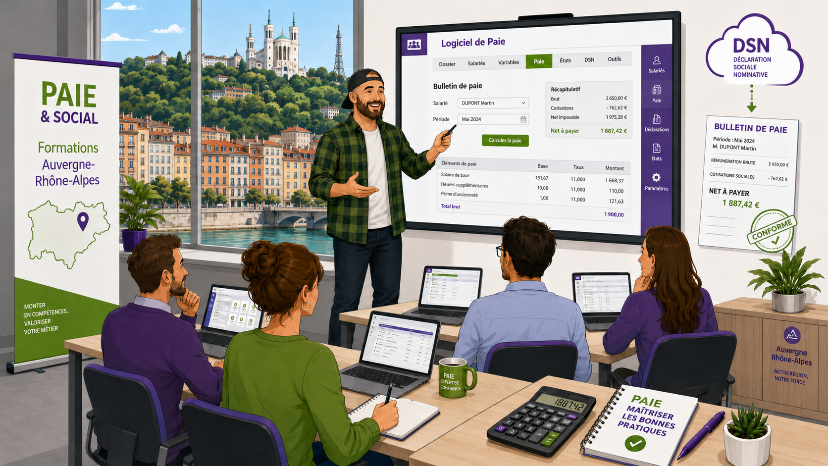 Formation gestionnaire de paie en Auvergne-Rhône-Alpes avec vue sur Lyon et pratique logiciel de paie éligible CPF