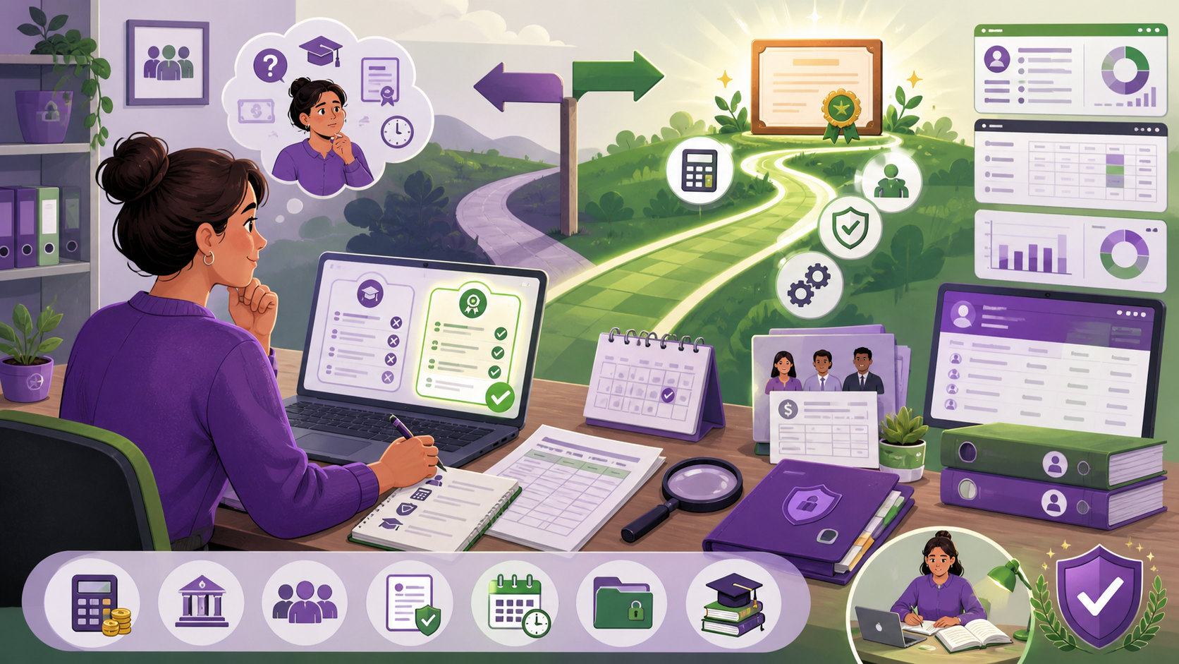 Illustration cartoon d’une formation gestionnaire de paie certifiante, avec une apprenante qui compare un parcours RNCP, des bulletins de paie, un logiciel métier, la DSN et une certification professionnelle.