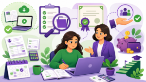 Illustration cartoon d’une formation gestionnaire de paie gratuite avec une apprenante, une formatrice, des documents de paie, un ordinateur, un certificat et des symboles de financement.