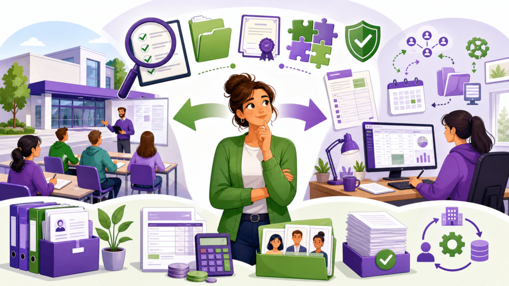 Illustration cartoon d’une formation gestionnaire de paie GRETA avec une apprenante qui compare un centre de formation, un parcours paie à distance, des documents, un logiciel de paie et une checklist de vérification.
