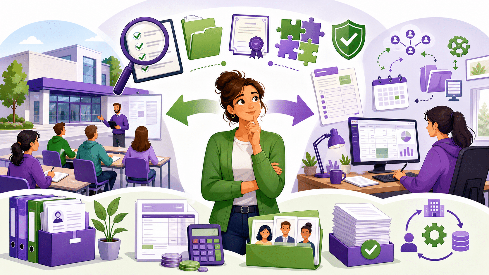 Illustration cartoon d’une formation gestionnaire de paie GRETA avec une apprenante qui compare un centre de formation, un parcours paie à distance, des documents, un logiciel de paie et une checklist de vérification.