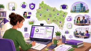 Illustration d’une formation Titre Professionnel Gestionnaire de Paie CPF dans le Grand Est, avec apprentissage à distance, certification, logiciel de paie et débouchés en cabinet comptable ou service RH.