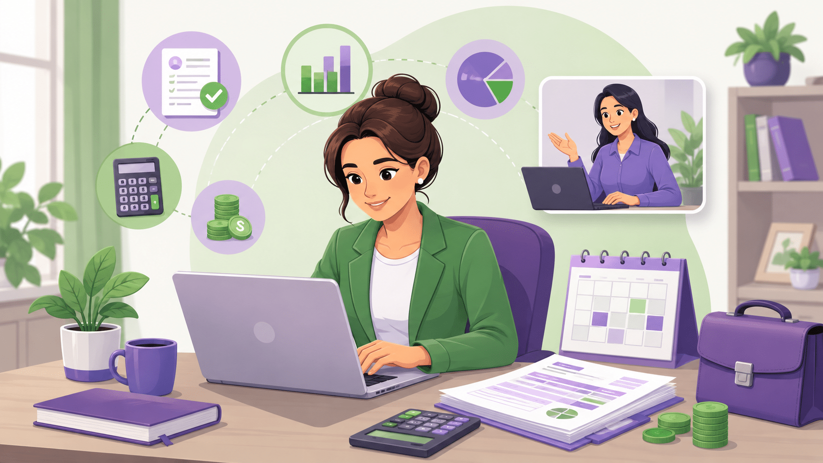 Illustration cartoon d’une formation Titre Professionnel Gestionnaire de Paie CPF dans les Hauts-de-France, avec apprentissage à distance, bulletins de paie, logiciel de paie et accompagnement formateur.