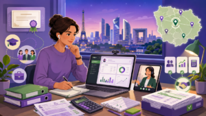 Illustration d’une formation Titre Professionnel Gestionnaire de Paie CPF en Île-de-France, avec cours à distance, documents de paie, logiciel de paie et skyline parisienne.
