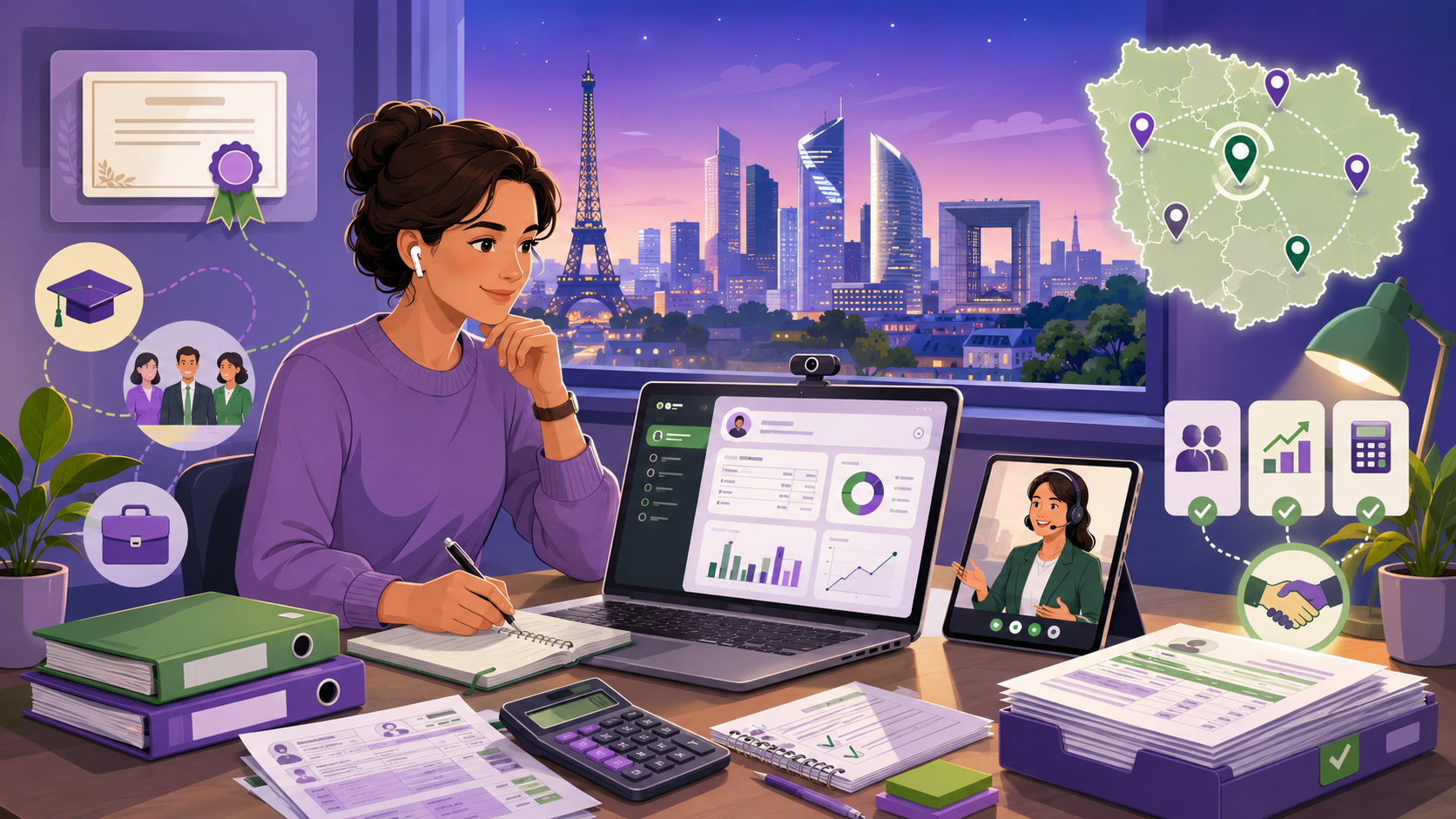Illustration d’une formation Titre Professionnel Gestionnaire de Paie CPF en Île-de-France, avec cours à distance, documents de paie, logiciel de paie et skyline parisienne.