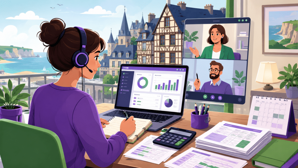 Illustration cartoon d’une formation Titre Professionnel Gestionnaire de Paie CPF en Normandie à distance, avec cours en ligne, documents de paie et ambiance professionnelle verte et violette.