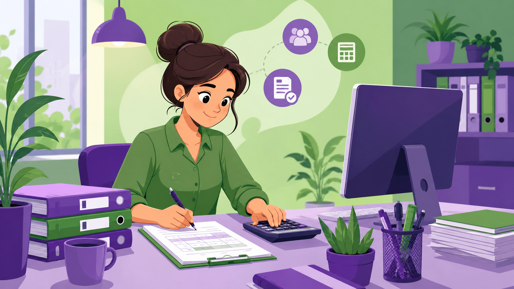 Formation Titre Professionnel Gestionnaire de Paie CPF en Nouvelle-Aquitaine illustrée par une scène cartoon de travail sur la paie, avec ordinateur, calculatrice et documents professionnels.