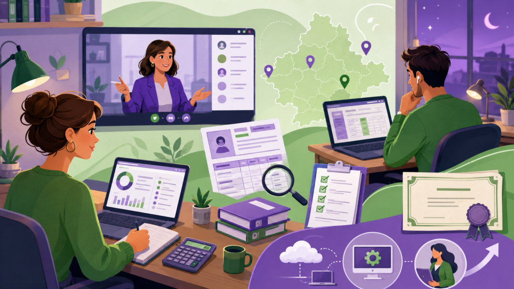 Illustration cartoon d’une Formation Titre Professionnel Gestionnaire de Paie CPF en Occitanie, avec une apprenante en formation à distance, des documents de paie, un logiciel de paie et des symboles RH.