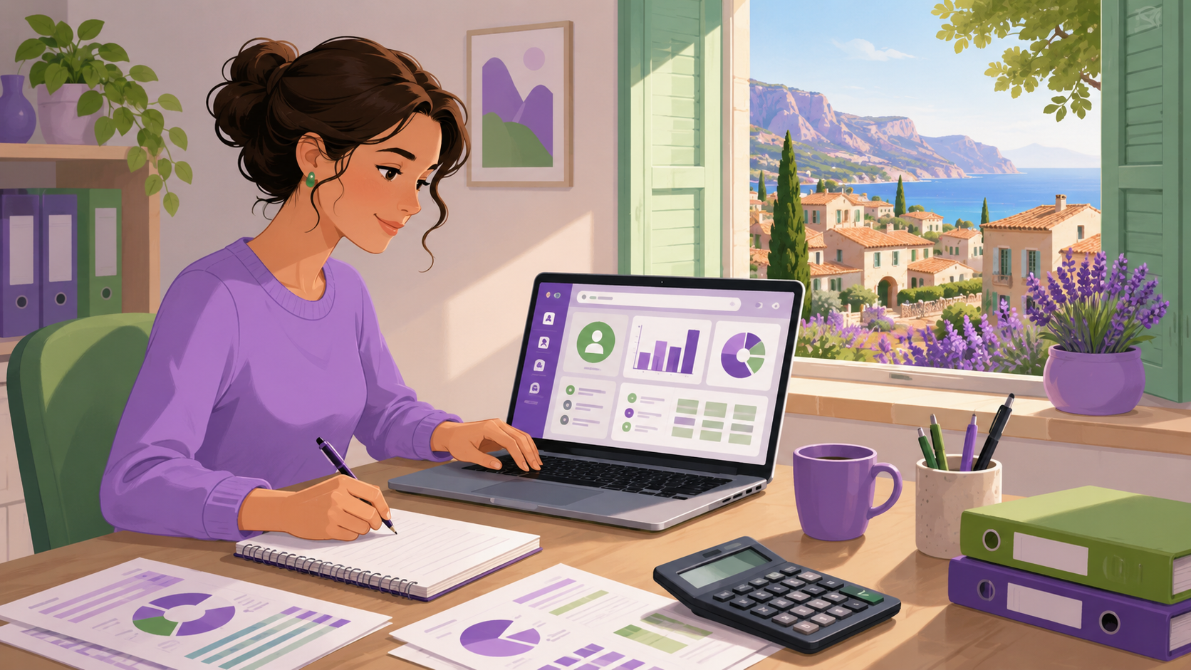 Illustration cartoon d’une formation Titre Professionnel Gestionnaire de Paie CPF en Provence-Alpes-Côte d'Azur, avec une apprenante travaillant à distance sur un ordinateur dans un décor vert et violet.