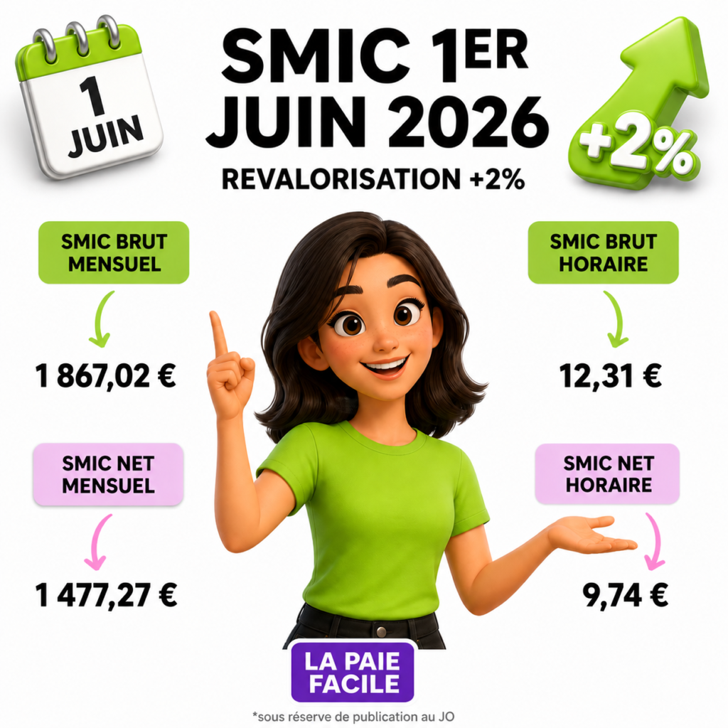 Infographie SMIC 1er juin 2026 : revalorisation automatique de +2 % portant le SMIC brut mensuel à 1 859,49 €, brut horaire à 12,26 €, net mensuel à 1 471,97 € et net horaire à 9,70 € (montants estimés sous réserve de confirmation INSEE).