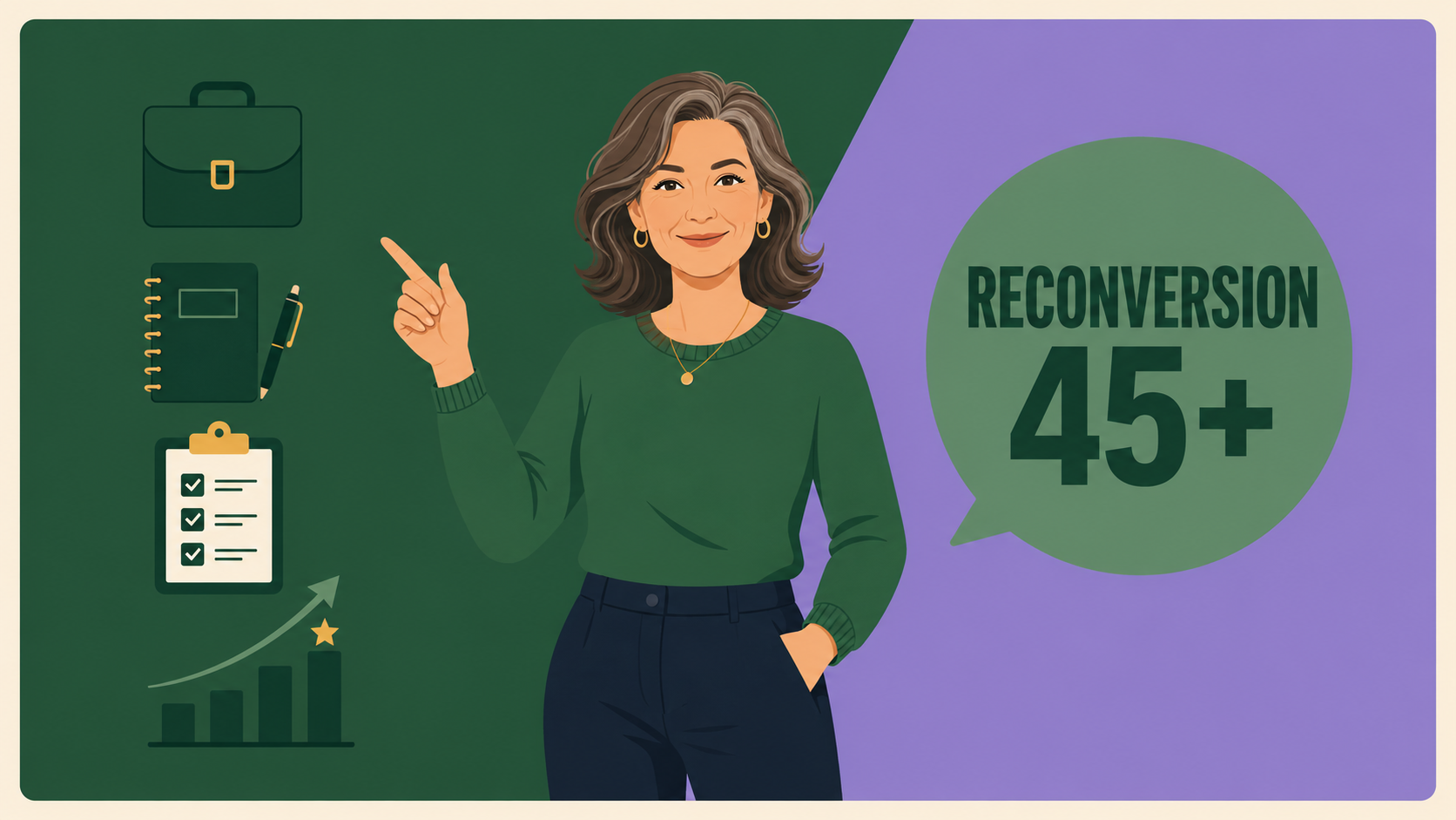 Illustration d'une femme de 50 ans confiante, symbolisant la reconversion professionnelle réussie en gestion de paie après 45 ans, avec icônes de carrière et progression.