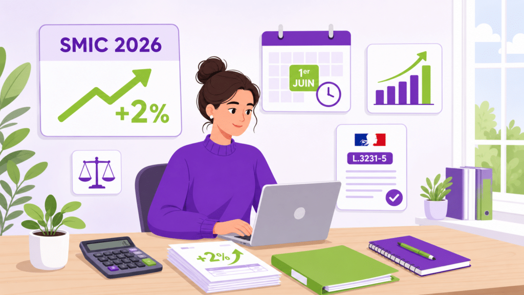Illustration de la revalorisation du SMIC au 1er juin 2026 : hausse automatique d'au moins +2 % déclenchée par l'inflation d'avril, gestionnaire de paie analysant les nouveaux montants sur bulletin de salaire.