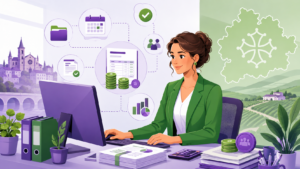 Illustration cartoon pour devenir gestionnaire de paie en Occitanie, avec une professionnelle de la paie, des documents, un ordinateur et des éléments visuels verts et violets.