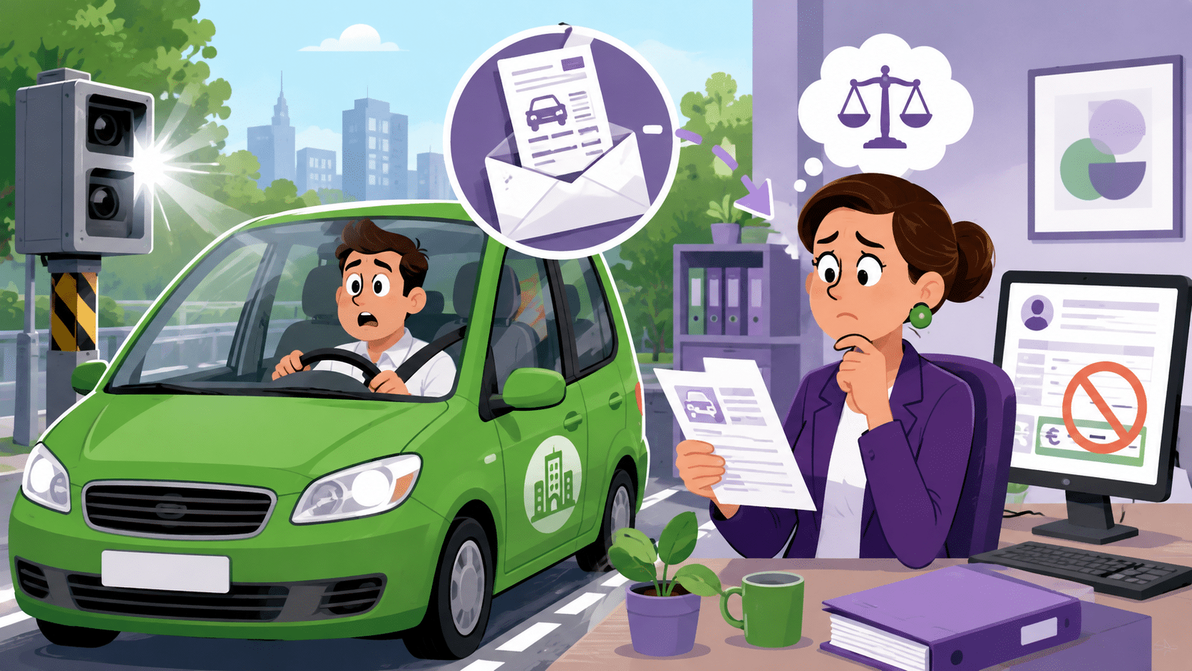 Illustration cartoon sur le thème amende avec un véhicule de société montrant un salarié flashé au volant d’une voiture d’entreprise et une gestionnaire de paie recevant l’avis de contravention.