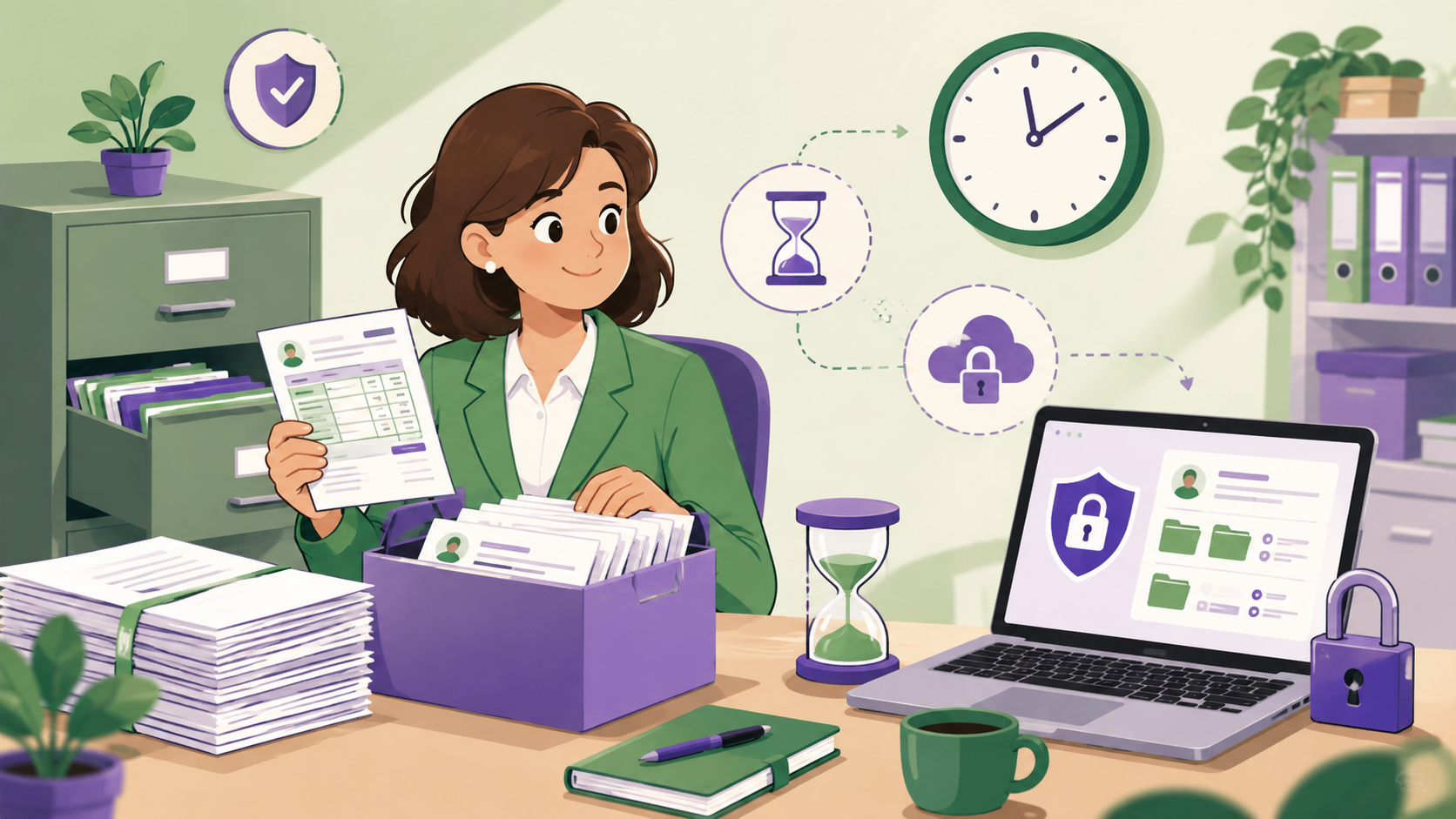 Illustration d’une gestionnaire de paie archivant des documents papier et numériques pour savoir combien de temps conserver les bulletins de paie.