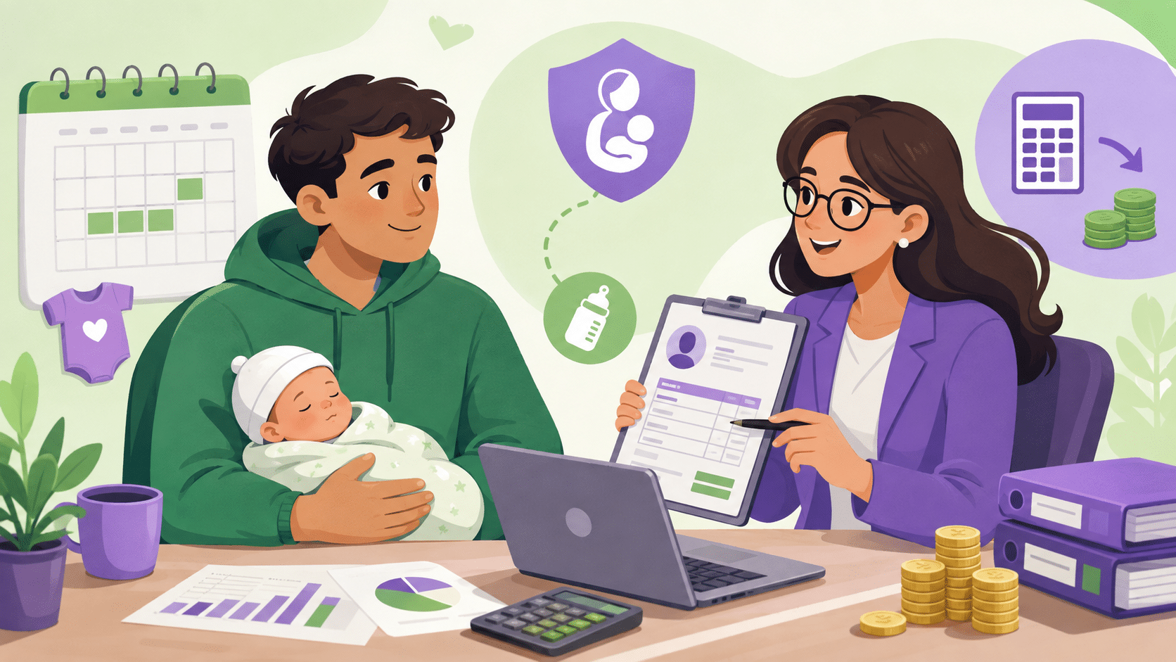 Illustration cartoon sur le congé supplémentaire de naissance salaire de référence, montrant un parent avec son bébé face à une gestionnaire de paie avec documents, calendrier et calculatrice.