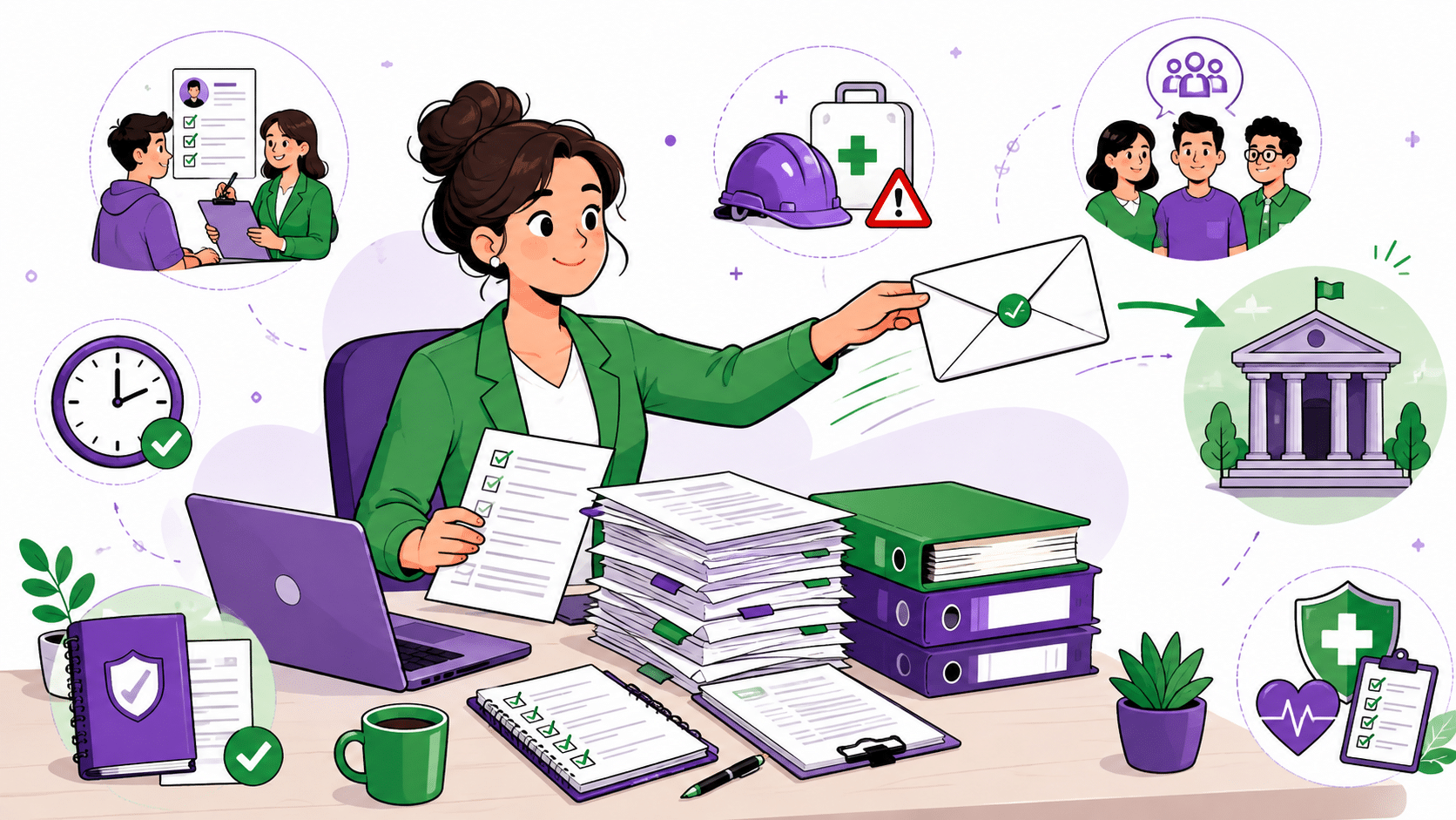 Documents à transmettre à l'inspection du travail : illustration d’une professionnelle RH préparant et envoyant des documents administratifs.