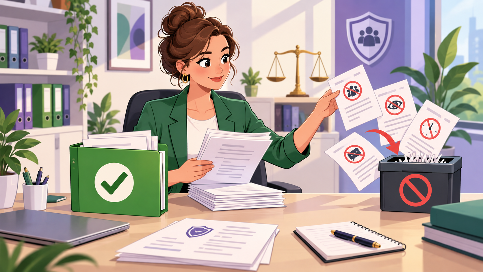 Illustration d’une responsable RH triant les clauses interdites dans le règlement intérieur d’une entreprise
